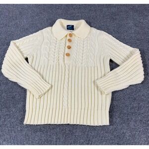 Puritan‎ Sweater Womens Medium M White Cable Knit Henley Collared Retro Outdoors